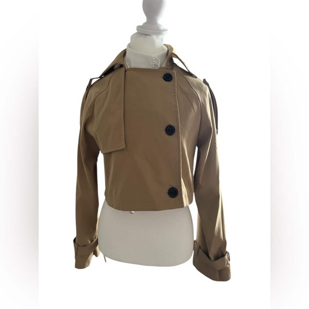 Tan Women's Cropped Jacket double breasted with black buttons